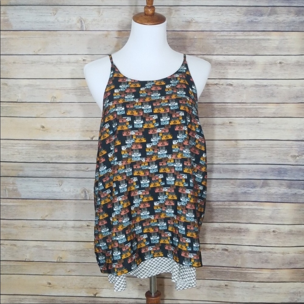 Anthropologie Black Multi Cassette Print Double-Layer Tank